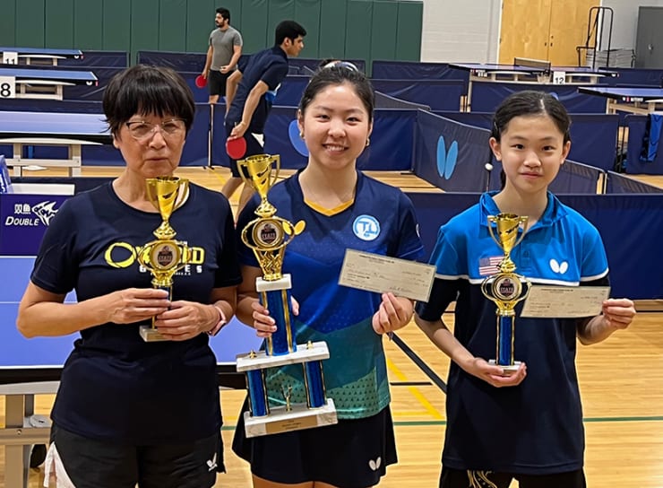(L-R) Womens’ Singles Semifinalist - Ling Fan, Champion - Rachel Wang, and Finalist - Sarah Zhang at the 2023 NC State Championships.